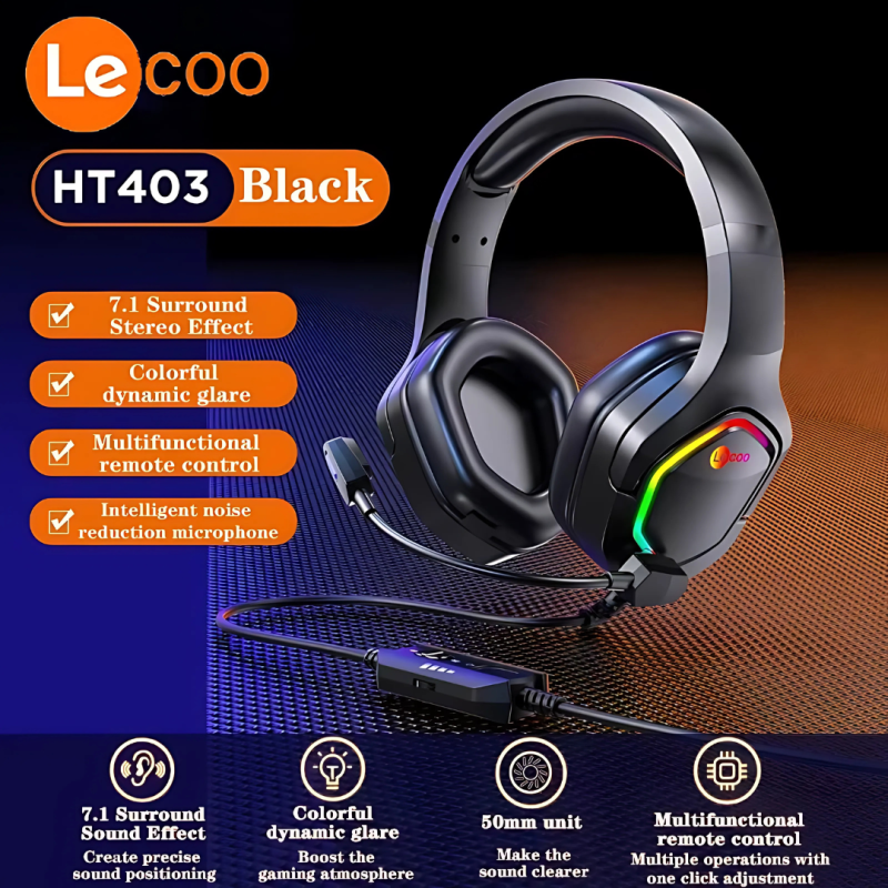 Lecoo HT403 Wire Gaming Headsets Cool Headworn Gaming Headphones Noise Reduction Suitable For Mobile Phones, Computers, Ps4, Ps5