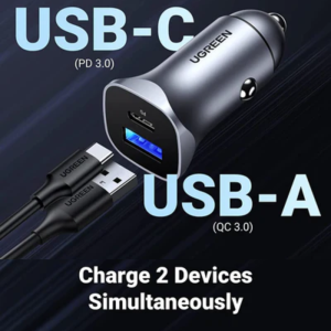 UGREEN 24W USB C Car Charger with PD & QC 3.0 Dual Ports