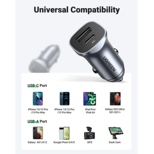 UGREEN 24W USB C Car Charger with PD & QC 3.0 Dual Ports