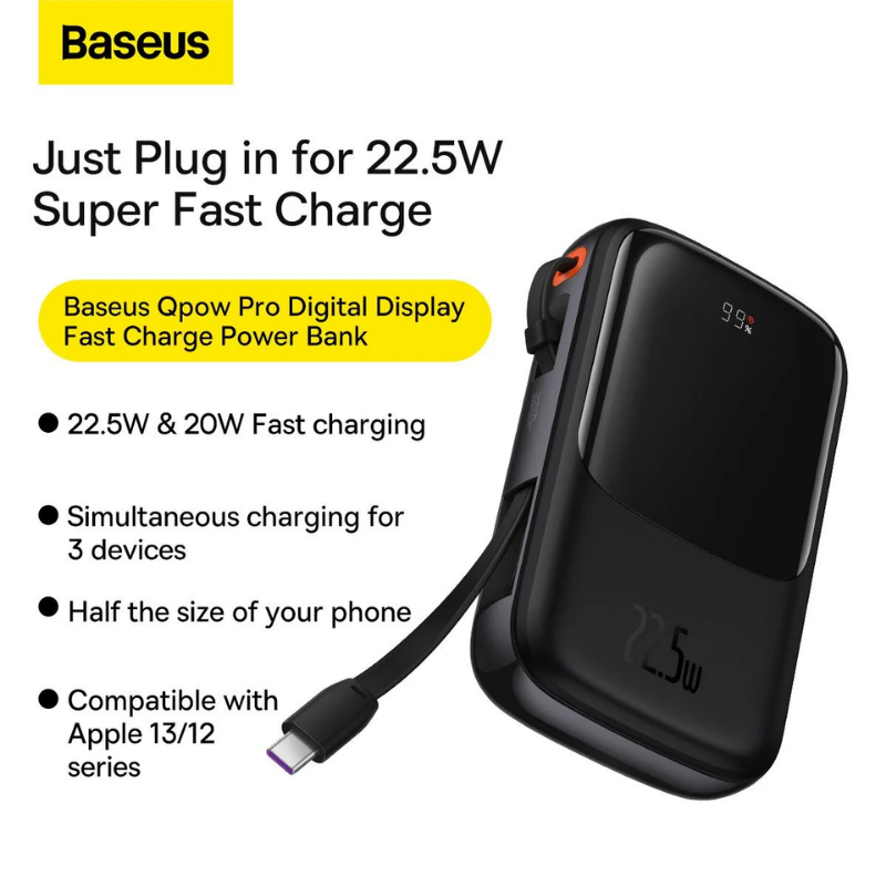 Baseus Qpow Pro 10000mAh Power Bank Built-in Type-C Cable (22.5W)